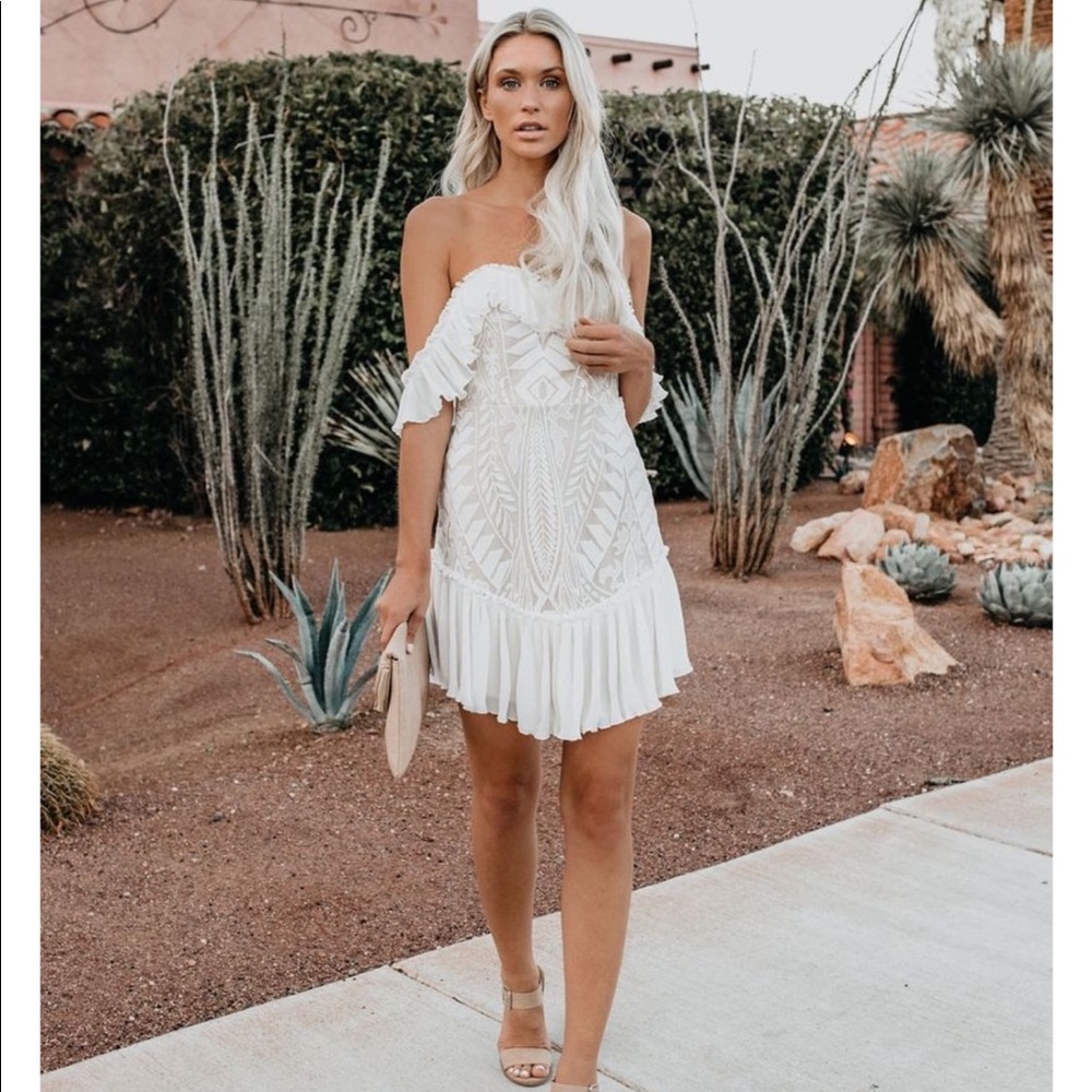 Vici Lace Off The Shoulder Pleated Ruffle Dress